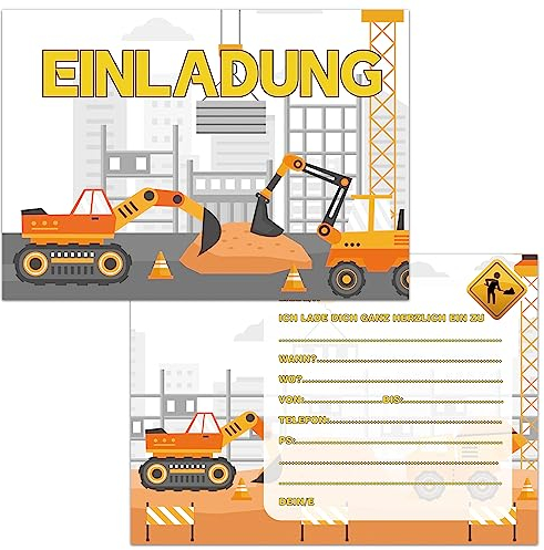 SUNYOVIME Bagger Einladungskarten,Einladungskarten Kindergeburtstag Junge Mädchen,12 Stück Schönes Cartoon-Design Partyeinladungen Baufahrzeug für Kinder zum Geburtstag Einschulung und Kinderparty