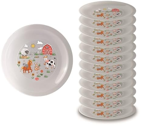 Snips, Set 12 Piatti Plastica Rigida Lavabili, Piatti Plastica Riutilizzabili, Decoro Farm, Ø 23,5 cm, Made in Italy