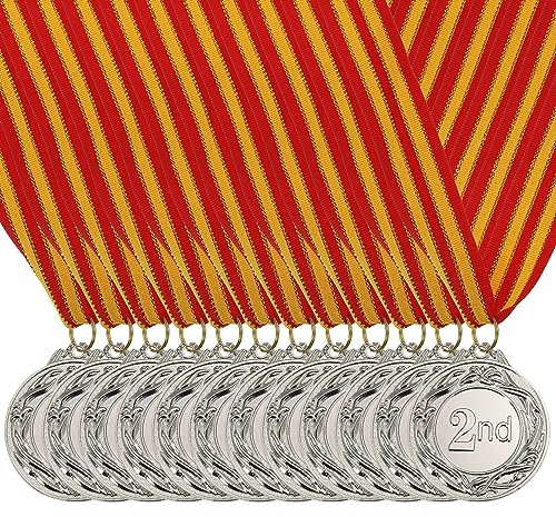 PATIKIL 2 Silber Preis Metalle 12Stk Preis Medaillen 2. Platz Silber Gewinn mit Hals Farbband für Spiele Sportliche Wettkämpfe