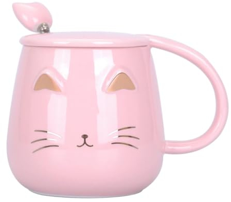 Daehun Tasse chat, Tasse à café en céramique, avec couvercle et cuillère, Tasse à chat mignon pour les amateurs de chatons, pour le café, thé, lait, 400ml(Rose)