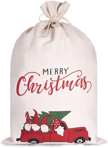 BRUBAKER Weihnachtssack Weihnachtsauto - Merry Christmas - 80 cm Geschenksack Weihnachten - Nikolaussack Sack Baumwolle mit Kordel für Geschenke - Gnom Familie im Auto mit Tannenbaum
