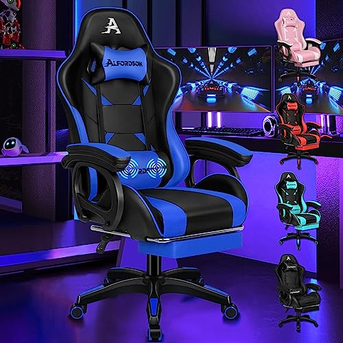 ALFORDSON Sedia da Gaming, Sedile Gamer con Supporto Lombare Massaggiante, Sedia da gioco Ergonomica Girevole con Poggiatesta, Regolabile in Altezza, Pelle PU, Blu