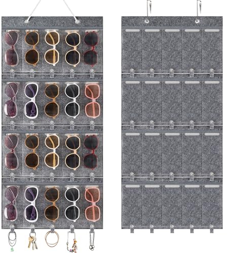 Enbagold Sonnenbrillen Organizer Sonnenbrille Aufbewahrung 20 Slots, Brillenhalter Wand Hänge Sonnenbrillenhalter Staubdichter Filz Sonnenbrille Lagerung mit 2 Häkchen, Brillen Display - Grau