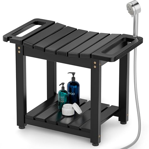 BLUEWEST Duschbank Sitz mit Ablage, Naturholz Duschbänke für Innendusche zum Sitzen, wasserdichte Badezimmer-Spa-Bank, Hocker für Beine, Rasur mit integriertem Griff & Duschkopfhalter