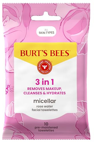 Burt’s Bees Micellar Rose Water Facial Towelettes, 100% Plant Based Cloth; 99% Natural Origin; Remove Makeup, Cleanse, Hydrate; No Greasy, Oily Residue; All Skin Types (Pack May Vary)