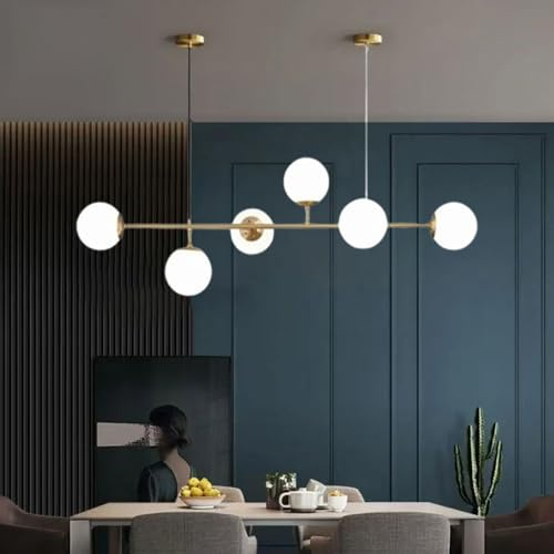 IOEDHW Lámpara Colgante de Cristal Moderna de Mediados de Siglo, 6 Luces lámpara Colgante Dorada con Vidrio Blanco Globo, lámparas Colgantes de Altura Ajustable para Comedor Sala De Estar Cocina