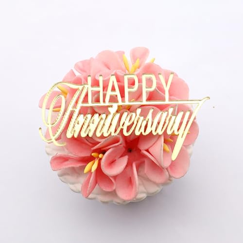 3 Little Desserts Cupcake-Topper Happy Anniversary – gravierte Charms – 6 Stück – Jubiläums- und Feier-Aufsätze – Acryl – Gold