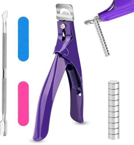 Acrylic Nail Clippers,Nail Extension Clippers,Nail Tip Cutter with Length Measurement,Stainless Steel Manicure Tool,for Salon Home Nail Art (with 10 Magnet,2 Rubbing Strips,1 Steel Cone)(Purple)