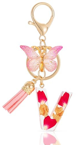 MWOOT Letter Keychain Initiale Schlüsselanhänger Buchstabe V,Alphabet Harz Buchstabe mit Blume Key Chain mit Schmetterling Quaste Anhänger Handtasche Charm,Rosa Blütenblatt Keyring für Frauen (V)