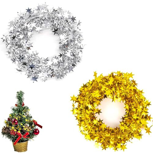 2 Stück Weihnachten Lametta Girlande, 7.5M Lametta Stern Weihnachtsdeko Girlanden, mit Draht Glitzer Girlande Weihnachtsbaum Dekoration, für Weihnachten Party Weihnachtsbaum Outdoor Deko (Silber/Gold)