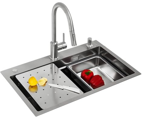 CECIPA Evier Cuisine Inox 1 Bac avec Robinet Extensible, 70x45 CM Grand Evier et Distributeur de Savon, Evier de Cuisine et évier mobile et planche à découper