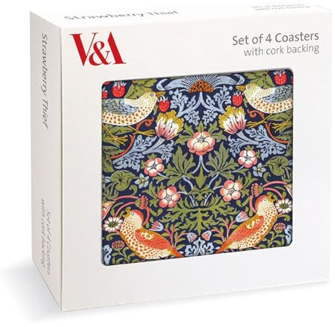 Museums & Galleries Set of 4 Cork Backed Coasters - William Morris Strawberry Thief Design - V&A Statement Coasters for the Home