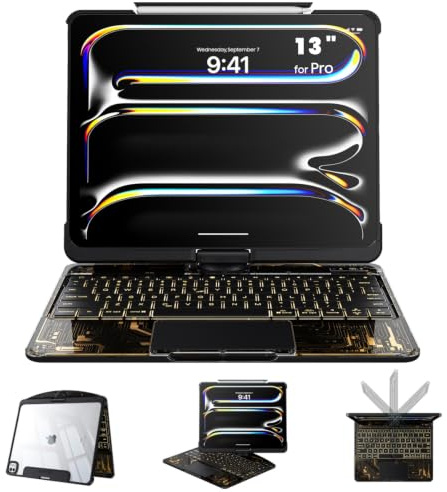 Tiaota Custodia trasparente con tastiera per iPad Pro 13 (M5/M4, 2025/2024), tastiera iPad girevole a 360°+180°, display LCD, portapenne, retroilluminazione a 7 colori, trackpad multi-touch, nero