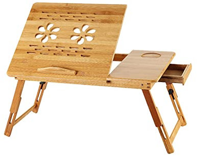 Table de Lit Pliable en Bambou pour PC Portable Inclinable, Hauteur Réglable, Table pour Ordinateur avec Tiroir, Table d’Ordinateur Portable pour Lit (Bois, Fleur,66x35x30cm)