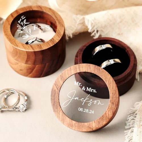 Personalisierte Verlobungsringbox aus Holz, Rund, Nussbaum, Doppelschlitz