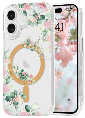 Ethanger Clear Floral Phone Case for iPhone 16 Compatible with Magsafe, Cute Flower Girls Women Case Silicone Shockproof Magnetic Protective Cover for iphone 16, Pink