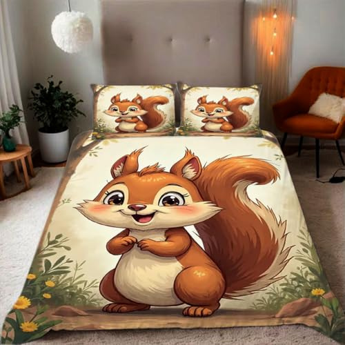 Zbeiba Cartoon-Eichhörnchen Bettwäsche 135x200,Kinder Mikrofaser Bettbezug mit Reißverschluss und 2 Kissenbezüge(135x200+2 * 80x80,#2