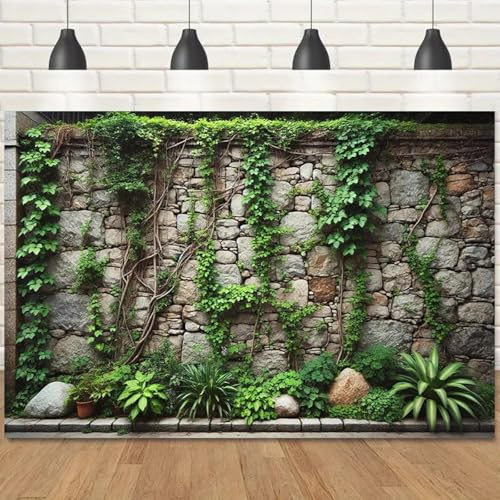 Überwucherte Pflanzen und Steinmauern, Polyester-Hintergrund – perfekt für Geburtstagsfeiern, Fotostudios und Feiern im Freien 250x180CM
