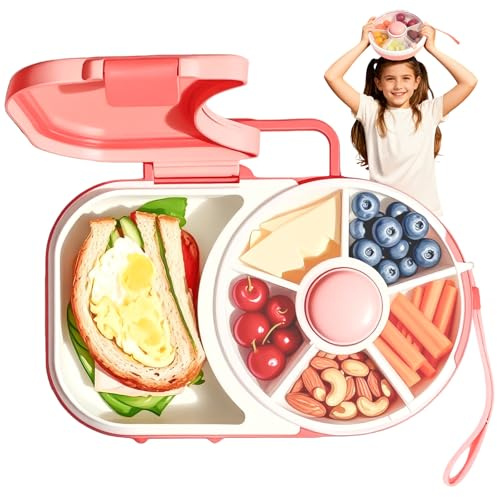 Snackbox mit Fächern Kinder mit 6 Obstgabel, 28x16.8x6CM Snack Spinner Satz mit Fächern Snackbox Tragbares Siegel Deckel Snacktellerzum Drehen Auslaufsicher Reusable für Süßigkeiten Outdoor Familien