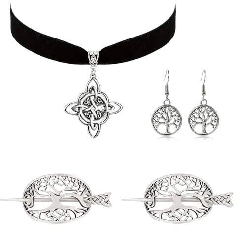 4 Stück Mittelalter Kleidung Damen Set, 2 Wikinger Keltische Haarnadeln Clips, 1 paar Ohrringe und 1 Halskette, keltische Haarspange Haarnadeln Metalllegierung Haarspangen für Damen Vintage Schmuck