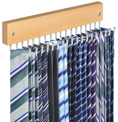 Tie Rack Belt Hanger Wall Mounted, Wooden Tie Hangers, Natural, 1 Pack | 180° Swivel Tie Storage with 18 Hooks, Tie Organizer for Wardrobe, Space Saving Holder for Tie Belt Necklace Purse Scarf Bag
