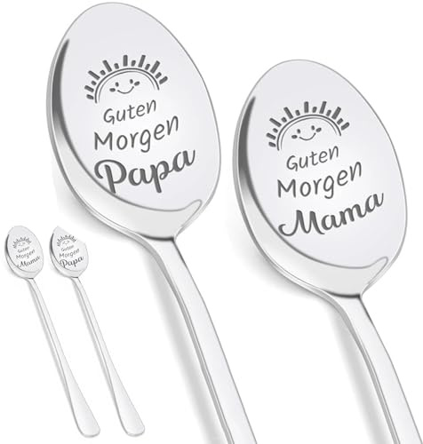 Dryxog 2 Piezas Regalo de Pascua Cucharas de Café con Grabado Guten Morgen Papa Mama Decoración Pascual Popular Acero Inoxidable, Regalo para Papá y Mamá Ideal para Desayuno y Cumpleaños