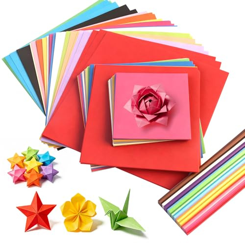 840 Blatt Origami Papier 20x20/15x15/10x10cm Bunt 70g/m² | Origamipapier: 300 Quadratische Blätter (20/15/10cm) in 20 Farben + 540 Papierstreifen je 24cm in 27 Farben