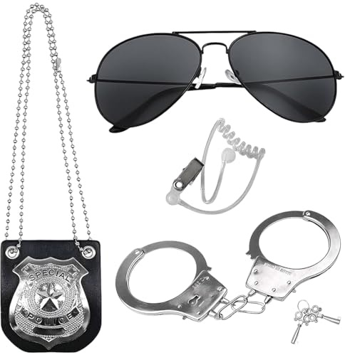 FHRYNA Conjunto de accesorios de disfraz de policía de 4 piezas para niños, incluye esposas, placa, silbato y gafas (conjunto completo).