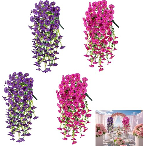 WLHFDC 4 Stück Künstliche Hängepflanzen,75cm Petunie Seidenblumen,Künstliche Balkonpflanzen,Kunstblumen für Draußen Wie Echt und UV-beständig Wetterfest für Haus Garten Balkon(Lila + Karmesinrot)