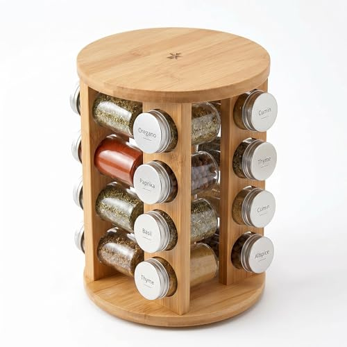 CIALESS Solea Porta Spezie Rotante in Bamboo, Organizer Cucina con Base Girevole a 360°, Porta Barattoli Portaspezie Elegante e Salvaspazio