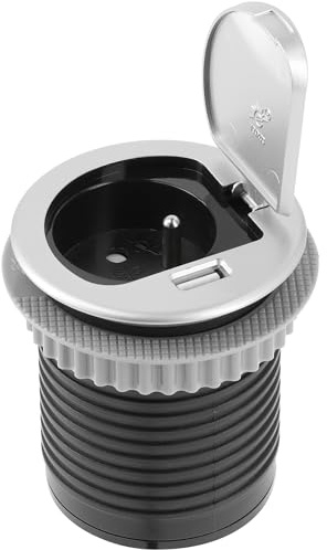 GTV - Möbeleinbau-Steckdose CHARGER MINI 60mm mit französischer Schutzkontakt-Steckdose, USB-Ladeanschluss 2,4A, Einbau-Ladestation für Tisch, Küche, Werkbank, silber