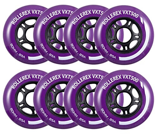 Rollerex VXT500 Inline-Skate-Rollen, 8 Stück, 85 A, robuste Rollerblätter für Innen- und Außenbereich, passend für Standard-608-Kugellager (Königsviolett, 72 mm)