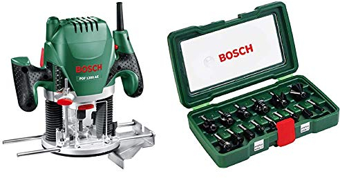 Bosch POF 1200 AE Router Expert, 1200 W + Bosch 2607019469 Set Misto, 15 Frese HM, Gambo 8 mm