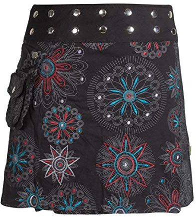 Vishes - Alternative Bekleidung - Damen Wickel-Rock Bedruckt Bestickt Blumen Mandala Gürtel-Tasche