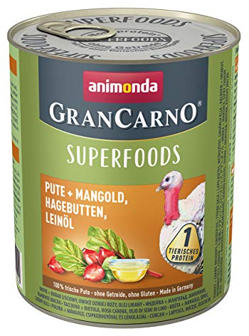 animonda GranCarno Hunde Nassfutter Superfoods Pute + Mangold (6 x 800g), getreidefreies Hundenassfutter ohne Zucker, für ausgewachsene Hunde, mit frischen fleischigen Zutaten