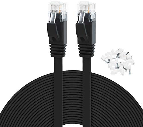 Yauhody Cable de Red CAT6 30m, alta velocidad sólido Plano Ethernet Cable Gigabit Internet LAN con clips de cable, RJ45 Conector para Módem, Router, PC, TV, PS5, PS4 (30m, negro)