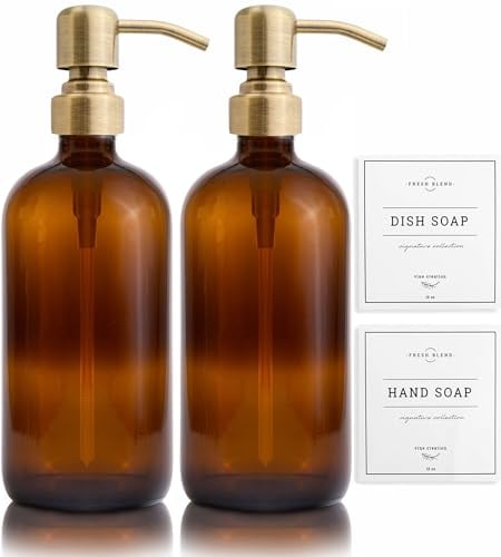 Vine Creations Lot de 2 distributeurs de Savon en Verre ambré, Bouteilles épaisses de 473,6 g, Pompe en Acier Inoxydable, Accessoires de Cuisine et de Salle de Bain, Distributeur de Savon pour Les