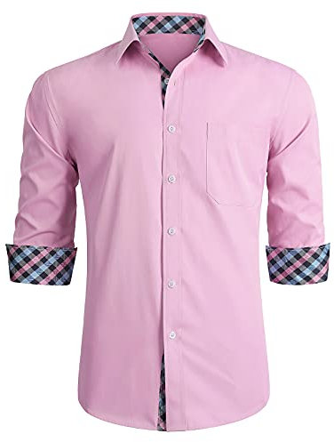 Camicia Elegante da Uomo Rosa Manica Lunga Button Down Colletto Classico Casual Formal Party Prom Concert Fashion Camicie Eleganti a Quadri