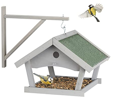 Relaxdays Vogelfutterhaus Holz, Futterhaus zum Aufhängen, HBT: 35x42,5x40,5 cm, Garten, Futterstelle für Wildvögel, grau