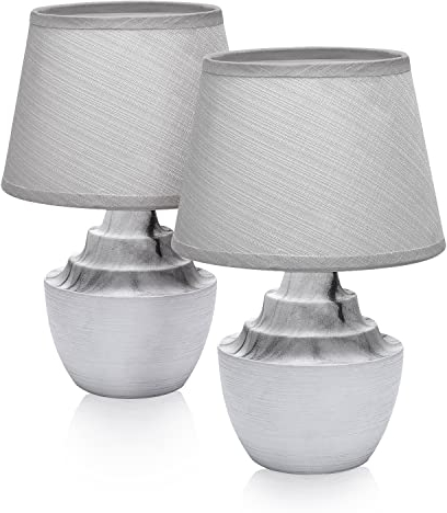 LED Universum 2er Set Tischleuchten Tischlampen Nachttischlampen Leseleuchten mit Stoffschirm grau E14 Sockel Keramik-Fuß Marmor weiß grau - 3146