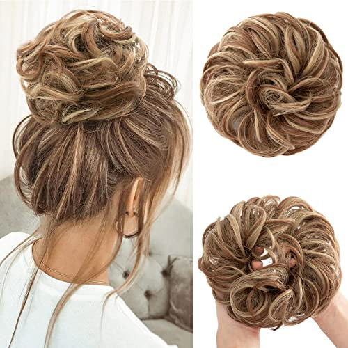 JJstar Haarteil Mit Gummiband, Groß Dutt Haarteil Gelockt Haargummi Mit Haaren Hochsteckfrisuren Haarverlängerung Messy Bun Haarteile für Damen Mädchen Pferdeschwanz (Braun & Blond)