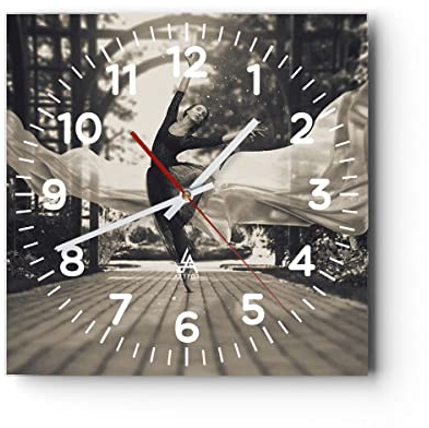 Modern Wanduhr Ballerina Tanz Luft 40x40cm Quadrat Groß Wand Uhr Glas Analog Zimmeruhren Küche Büro Wohnzimmer Glasuhr Wall Clock Dekoration Design Wanddekoration Küchenuhr C4AC40x40-4945