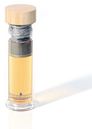Naturewater 350ml Glass Tea Infuser Bottle, Double Wall Glass Bottle, Stainless Steel Tea Strainer, Eco-Friendly Bamboo Screw-On Lid, Perfect as a Reuseable Water Bottle or for Hot and Cold Drinks