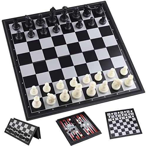 Scacchiera Professionale, 3 in 1 Scacchiere con Magnetici Scacchi, Dama, Backgammon Gioco da Tavolo Portatile e Educativo, Scacchiera Pieghevole da Viaggio per 6 + Anni Bambini e Adulti (25cm x 25cm)