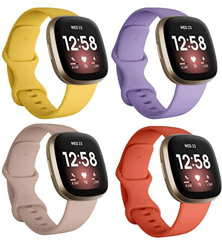 Seleek Ersatzbänder kompatibel mit Fitbit Versa 3, Versa 4, Sense / Sense 2, Silikon, verstellbar, klassisches Accessoire, Fitnessarmband für Damen und Herren, Größe L, Gelb / Laberder / Koppler Pink
