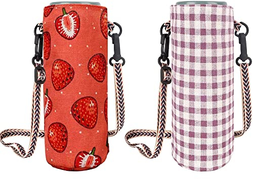 SSyang 2 pièces Porte-Bouteille Sac fourre-Tout,Porte-Bouteille d'eau Étui avec Bandoulière Réglable Fraise + Motif Violet pour Bouteille en Acier Inoxydable et en Plastique,19 * 8cm(Orange+Violet)