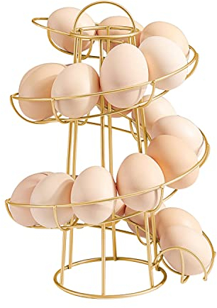 Flexzion Spiral Egg Rack for Fresh Eggs (Medium Egg Display) - Modern Egg Skelter Freestanding Wired Countertop Egg Holder for Fresh Eggs, Dispenser Stand, Storage Rack for Kitchen, Gold