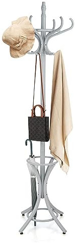 GOPLUS Perchero de Pie de Madera Maciza con 12 Ganchos y Soporte para Paraguas, Perchero Árbol para Colgar Abrigos, Sombreros y Bolsos, para Entrada, Pasillo, Dormitorio, Recibidor, 184 cm (Gris)