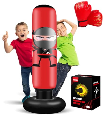 EIVONDA Saco de Boxeo Niños 160cm Inflable Ninja Saco Boxeo con Guantes de Boxeo para Practicar MMA Karate Taekwondo y Aliviar la Energía Reprimida (Rojo)