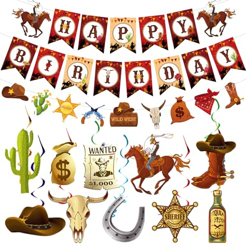 23 Stück Western-Party-Dekorationen West Cowboy Banner hängende Wirbel mit Wildem Westen Happy Birthday Banner für Jungen Mädchen Geburtstag Western Baby Shower Party Supplies